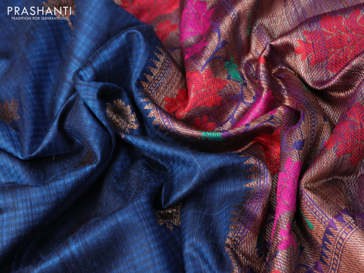 Banarasi dupion silk saree peacock blue and magenta pink with zari woven floral buttas and floral design paithani style border