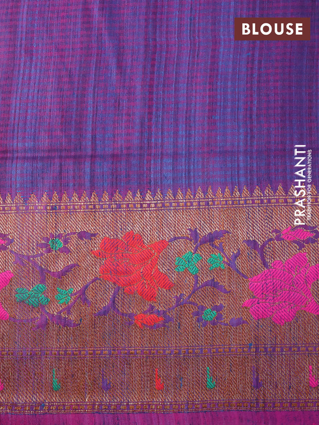 Banarasi dupion silk saree peacock blue and magenta pink with zari woven floral buttas and floral design paithani style border