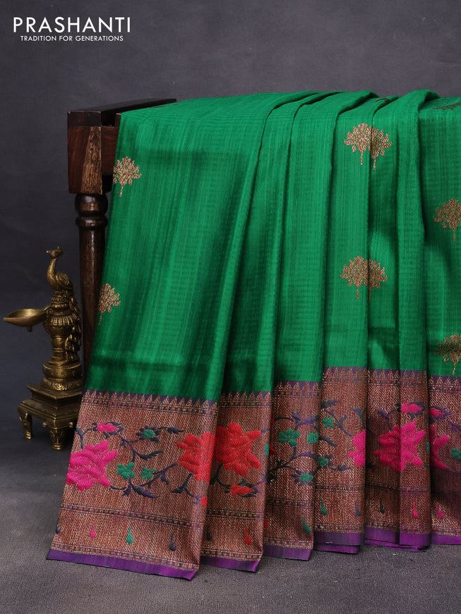 Banarasi dupion silk saree green and purple with zari woven floral buttas and floral design paithani style border