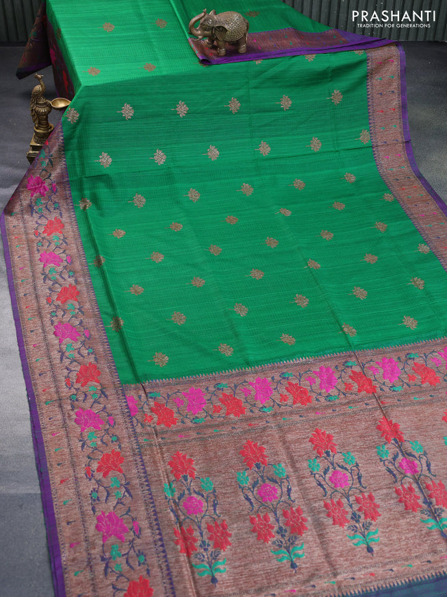 Banarasi dupion silk saree green and purple with zari woven floral buttas and floral design paithani style border