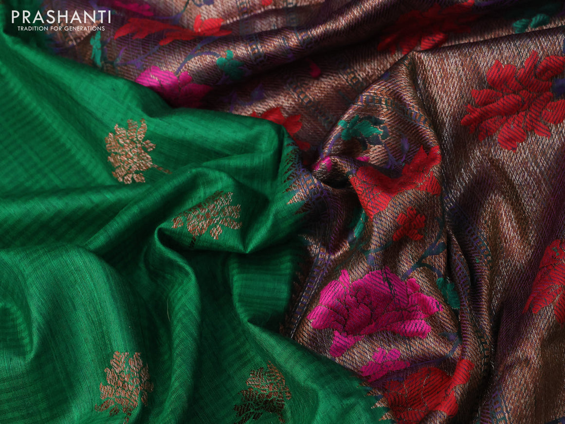 Banarasi dupion silk saree green and purple with zari woven floral buttas and floral design paithani style border