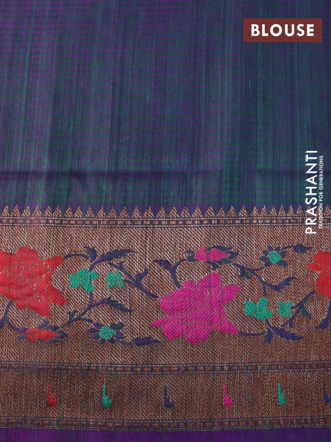 Banarasi dupion silk saree green and purple with zari woven floral buttas and floral design paithani style border