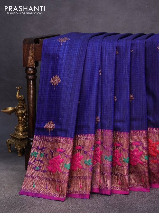 Banarasi dupion silk saree blue and magenta pink with zari woven floral buttas and floral design paithani style border