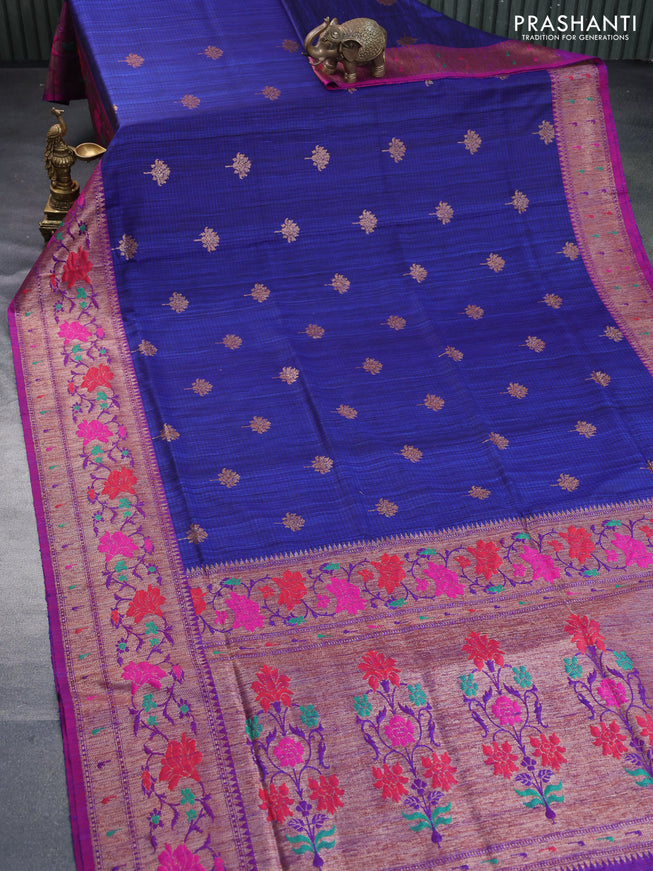 Banarasi dupion silk saree blue and magenta pink with zari woven floral buttas and floral design paithani style border