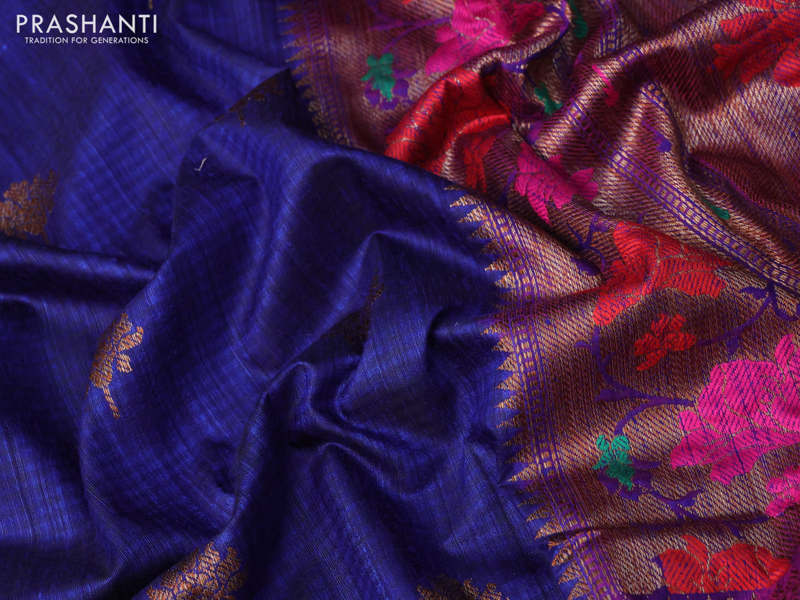 Banarasi dupion silk saree blue and magenta pink with zari woven floral buttas and floral design paithani style border