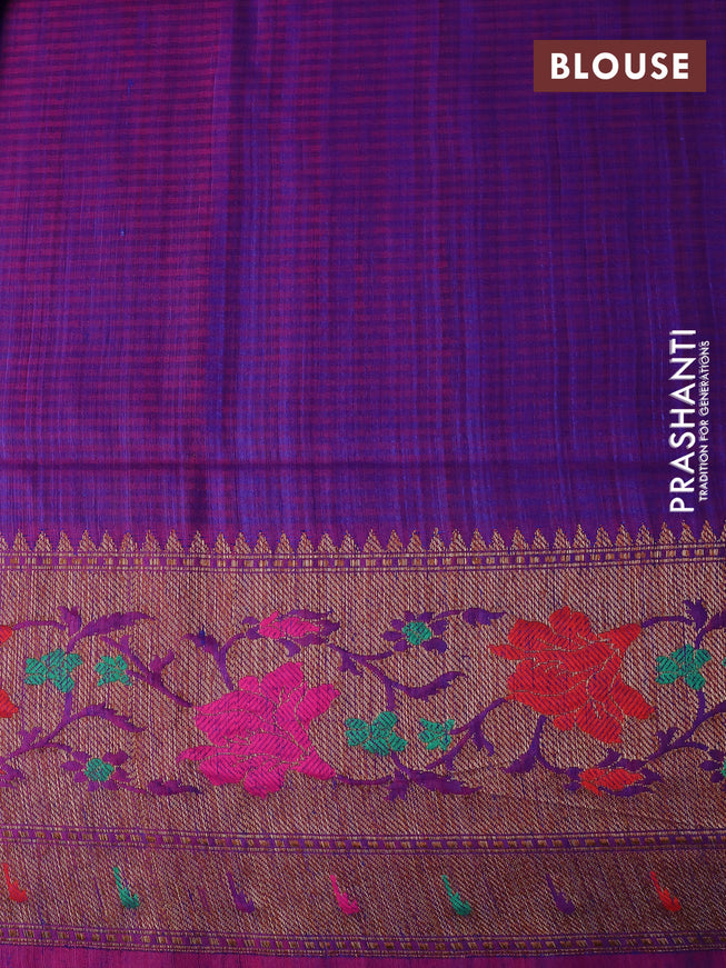 Banarasi dupion silk saree blue and magenta pink with zari woven floral buttas and floral design paithani style border