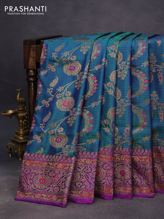 Banarasi dupion silk saree dual shade of bluish green and purple with thread & zari woven floral borcade weaves and woven border