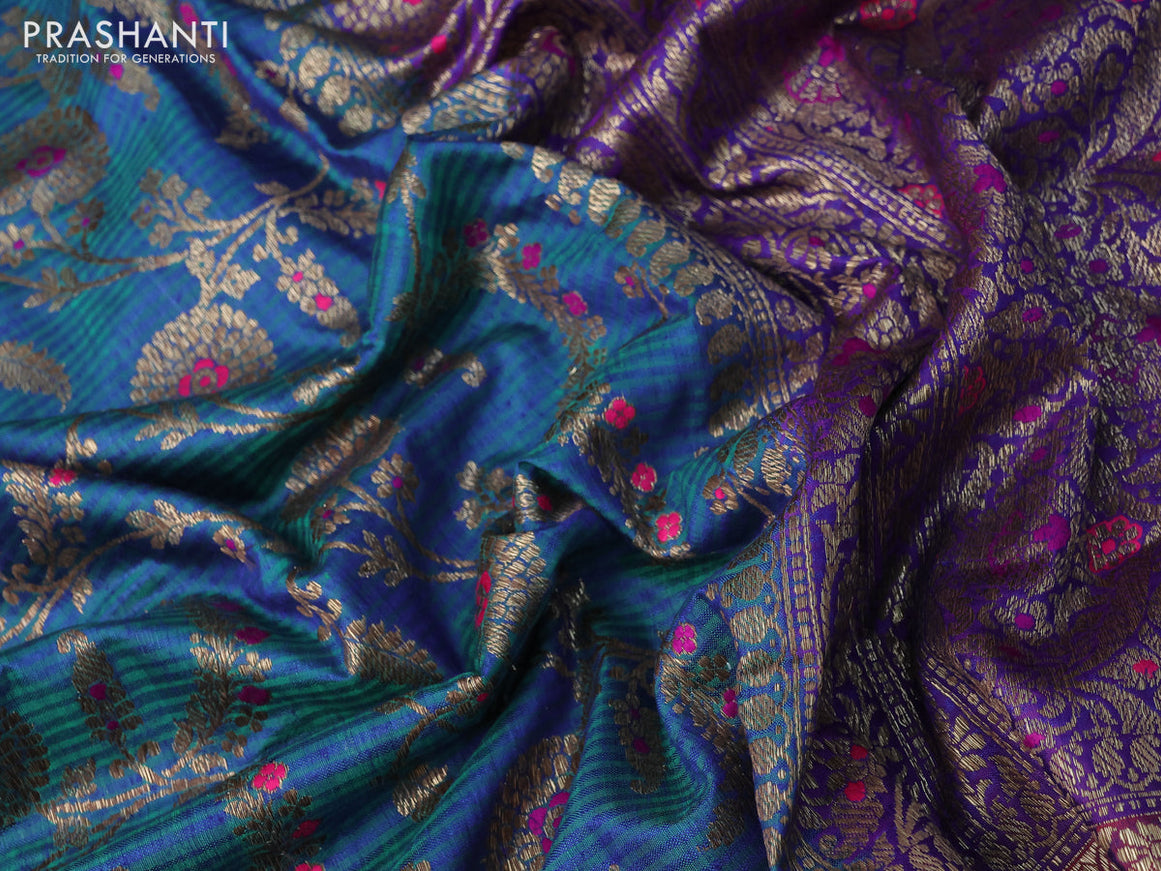 Banarasi dupion silk saree dual shade of bluish green and purple with thread & zari woven floral borcade weaves and woven border