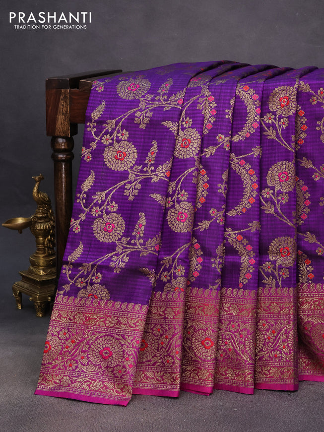 Banarasi dupion silk saree violet and magenta pink with thread & zari woven floral borcade weaves and woven border