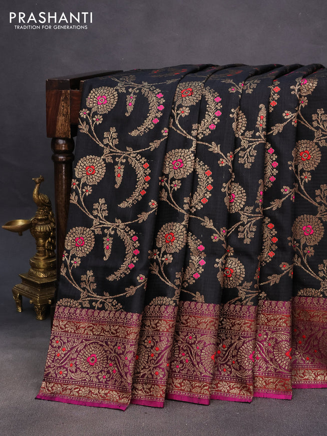 Banarasi dupion silk saree black and magenta pink with thread & zari woven floral borcade weaves and woven border