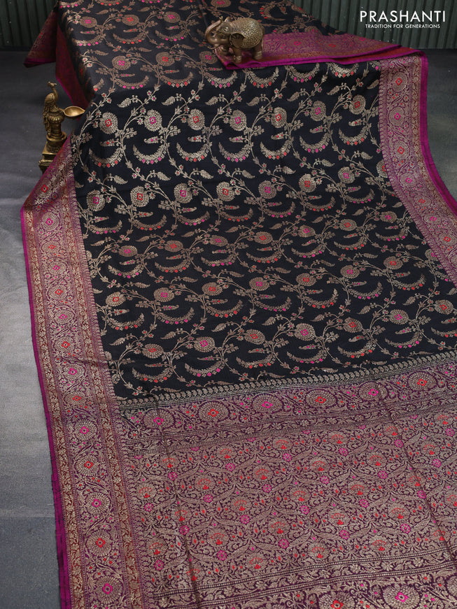 Banarasi dupion silk saree black and magenta pink with thread & zari woven floral borcade weaves and woven border