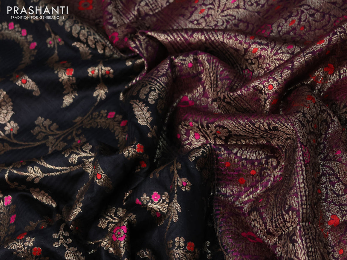 Banarasi dupion silk saree black and magenta pink with thread & zari woven floral borcade weaves and woven border