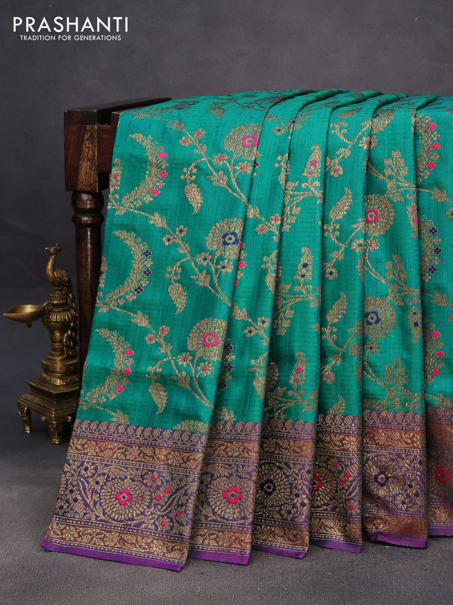 Banarasi dupion silk saree green and dual shade of greenish purple with thread & zari woven floral borcade weaves and woven border