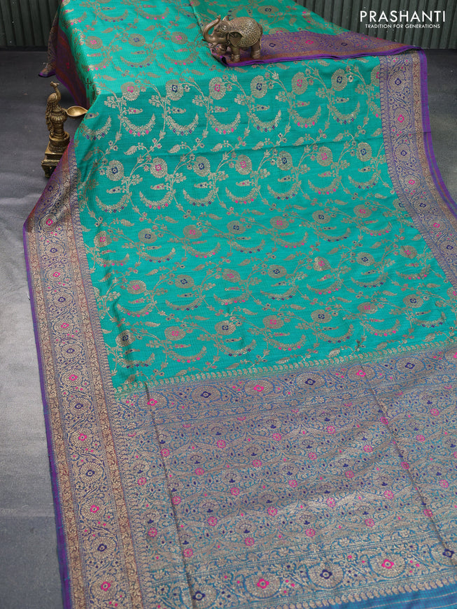 Banarasi dupion silk saree green and dual shade of greenish purple with thread & zari woven floral borcade weaves and woven border