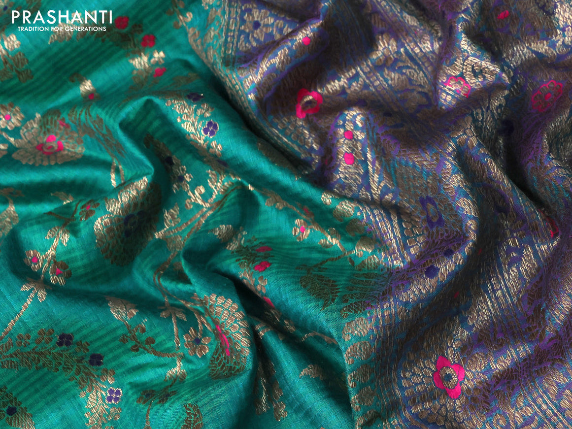 Banarasi dupion silk saree green and dual shade of greenish purple with thread & zari woven floral borcade weaves and woven border