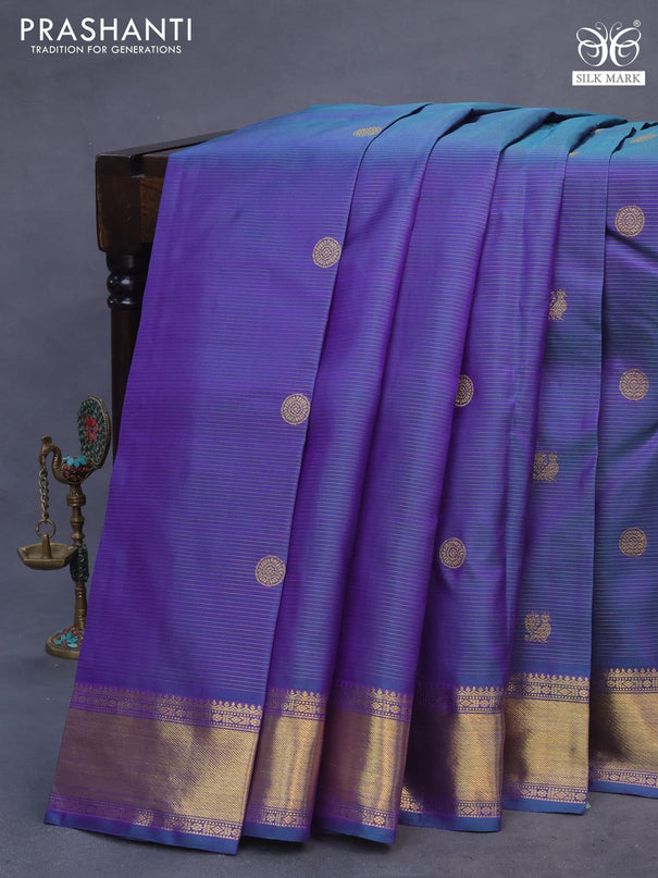 Pure kanchipuram silk saree dual shade of bluish green with allover zari weaves & annam buttas and zari woven border