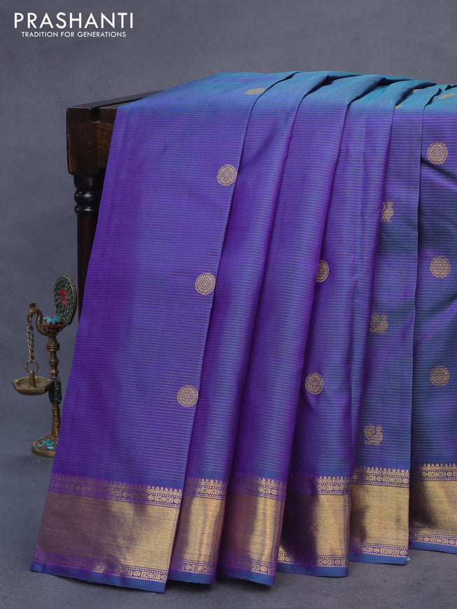 Pure kanchipuram silk saree dual shade of bluish green with allover zari weaves & annam buttas and zari woven border