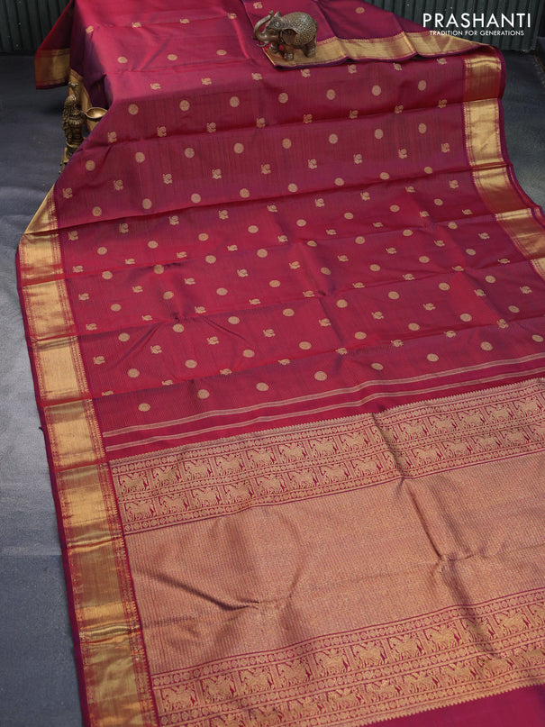 Pure kanchipuram silk saree dual shade of maroon with allover zari weaves & annam buttas and zari woven border