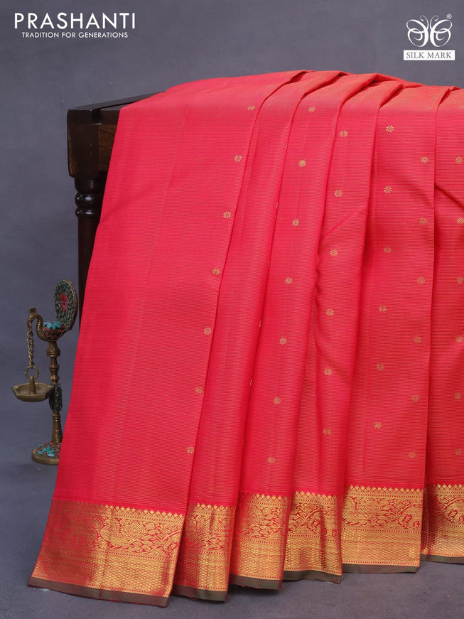 Pure kanchipuram silk saree pink and green with allover zari weaves & buttas and zari woven border