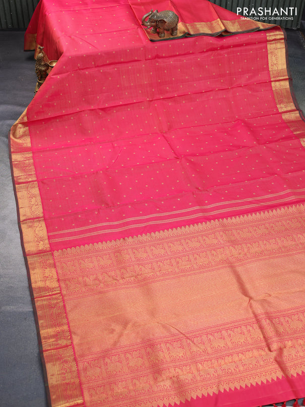 Pure kanchipuram silk saree pink and green with allover zari weaves & buttas and zari woven border