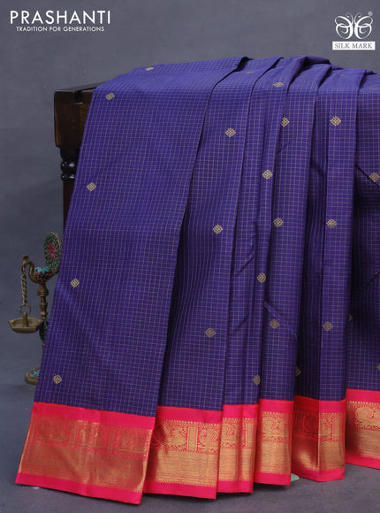 Pure kanchipuram silk saree blue and pink with allover small zari checks & buttas and annam zari woven border