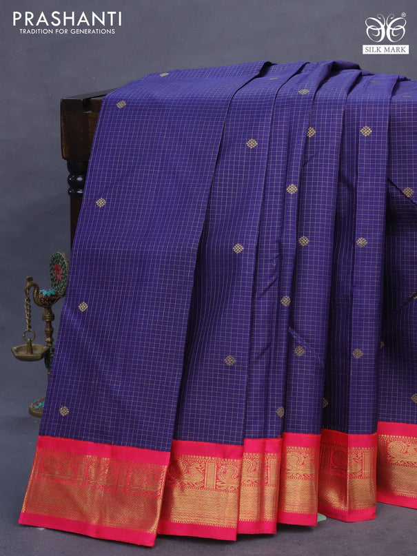 Pure kanchipuram silk saree blue and pink with allover small zari checks & buttas and annam zari woven border