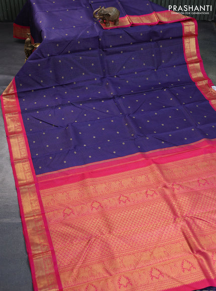 Pure kanchipuram silk saree blue and pink with allover small zari checks & buttas and annam zari woven border