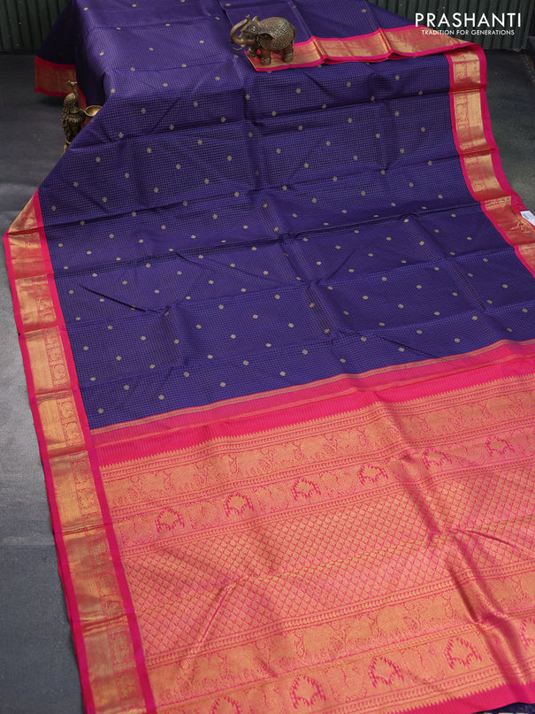 Pure kanchipuram silk saree blue and pink with allover small zari checks & buttas and annam zari woven border