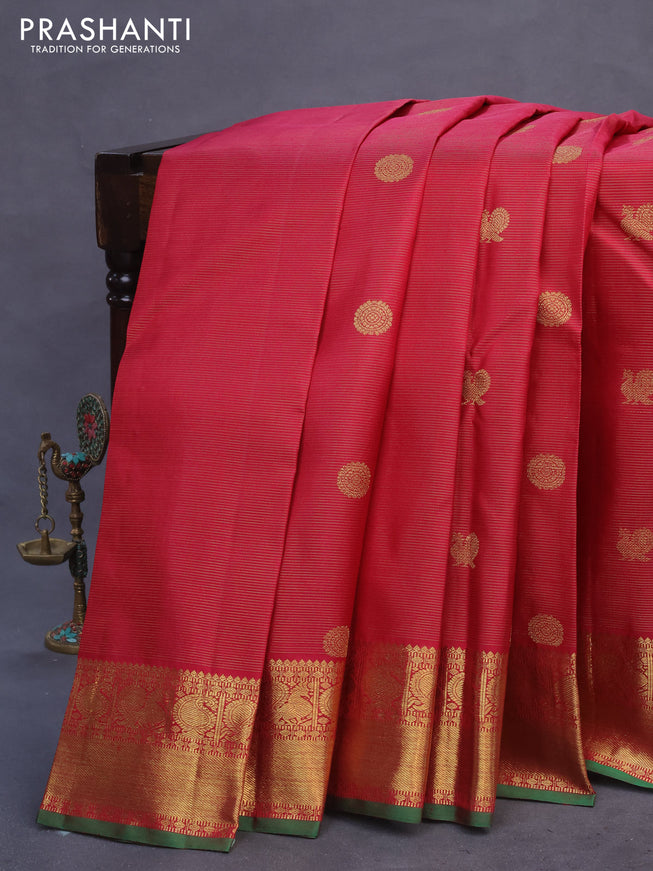 Pure kanchipuram silk saree maroon and green with allover zari weaves & annam buttas and annam & paisley zari woven border