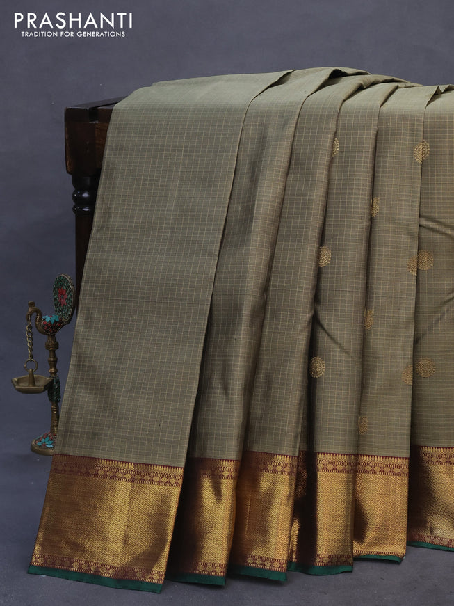 Pure kanchipuram silk saree grey shade and green with allover small zari checks & buttas and zari woven border