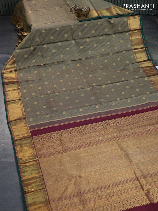 Pure kanchipuram silk saree grey shade and green with allover small zari checks & buttas and zari woven border