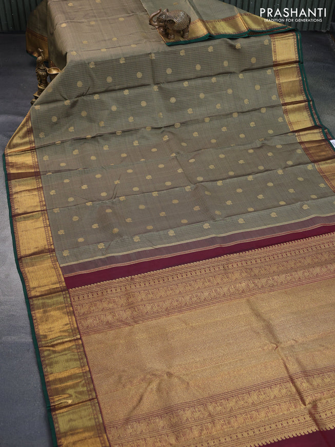 Pure kanchipuram silk saree grey shade and green with allover small zari checks & buttas and zari woven border