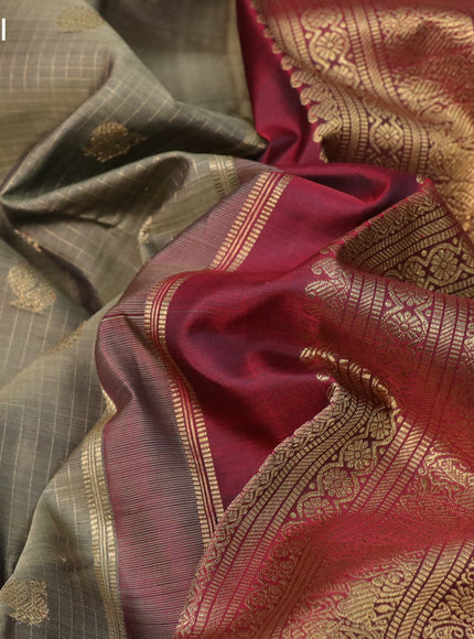 Pure kanchipuram silk saree grey shade and green with allover small zari checks & buttas and zari woven border