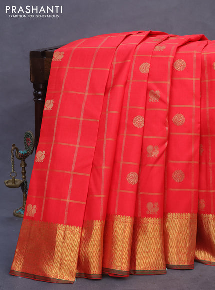 Pure kanchipuram silk saree red and green with allover zari checks & annam rudhraksha buttas and zari woven border