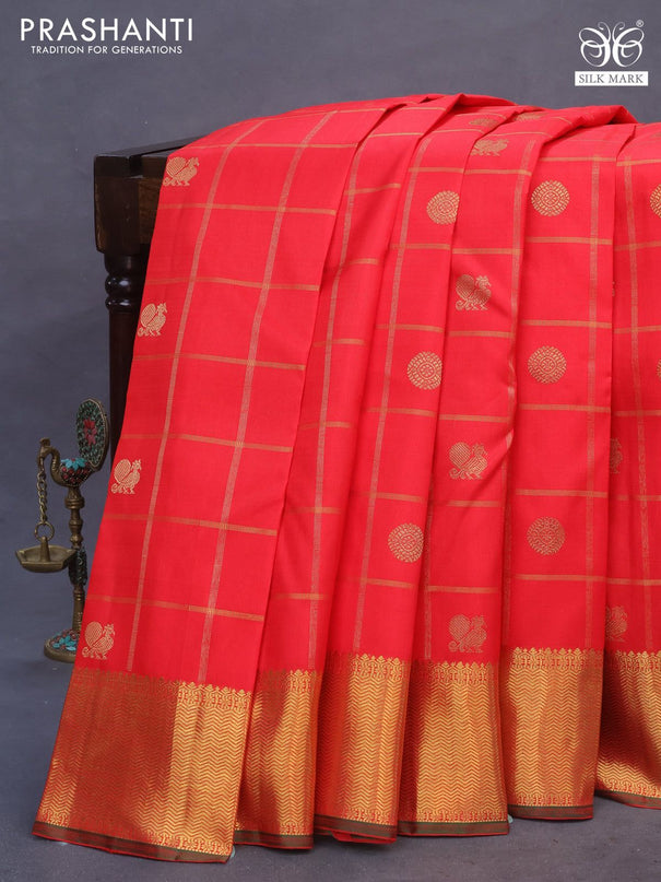 Pure kanchipuram silk saree red and green with allover zari checks & annam rudhraksha buttas and zari woven border