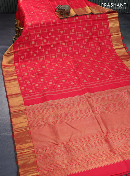 Pure kanchipuram silk saree red and green with allover zari checks & annam rudhraksha buttas and zari woven border