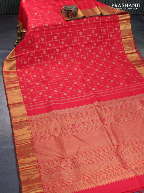 Pure kanchipuram silk saree red and green with allover zari checks & annam rudhraksha buttas and zari woven border