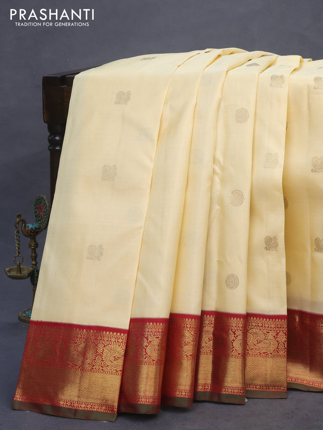 Pure kanchipuram silk saree cream and maroon with annam & rudhraksha zari woven buttas and annam zari woven border