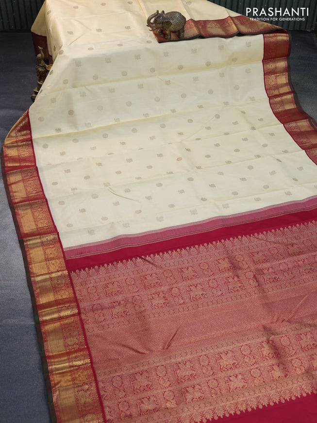 Pure kanchipuram silk saree cream and maroon with annam & rudhraksha zari woven buttas and annam zari woven border