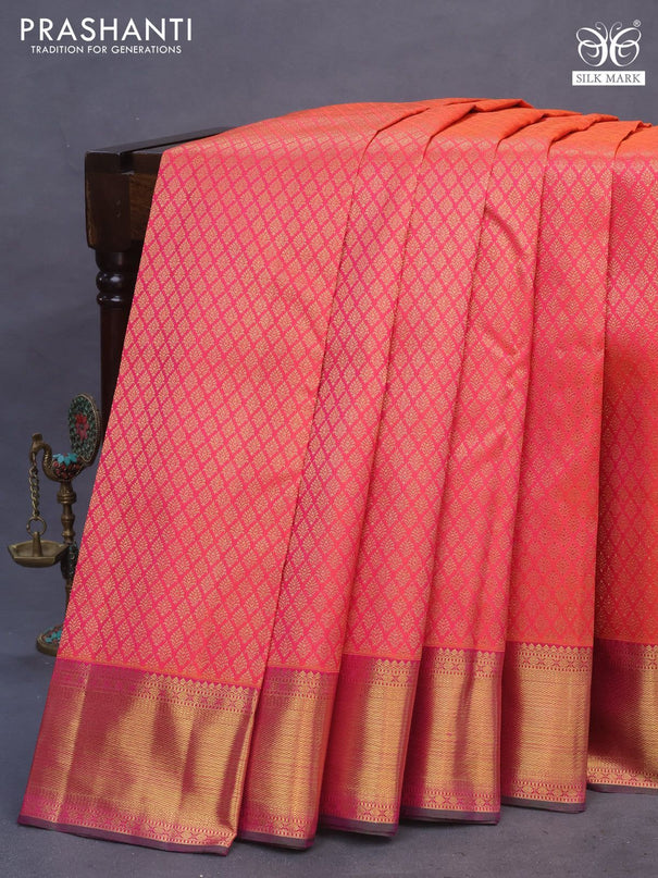 Pure kanchipuram silk saree dual shade of pink and dual shade of green with allover zari woven brocade weaves and zari woven border