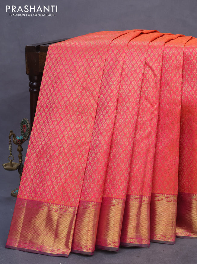 Pure kanchipuram silk saree dual shade of pink and dual shade of green with allover zari woven brocade weaves and zari woven border