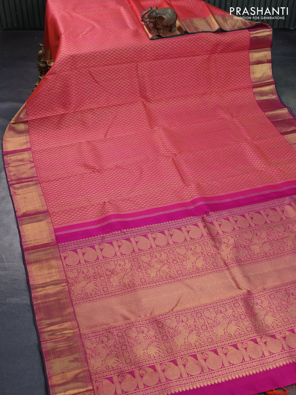 Pure kanchipuram silk saree dual shade of pink and dual shade of green with allover zari woven brocade weaves and zari woven border