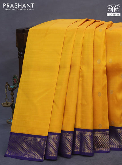 Pure kanchipuram silk saree mustard yellow and blue with annam & rudhraksha zari woven buttas and zari woven border