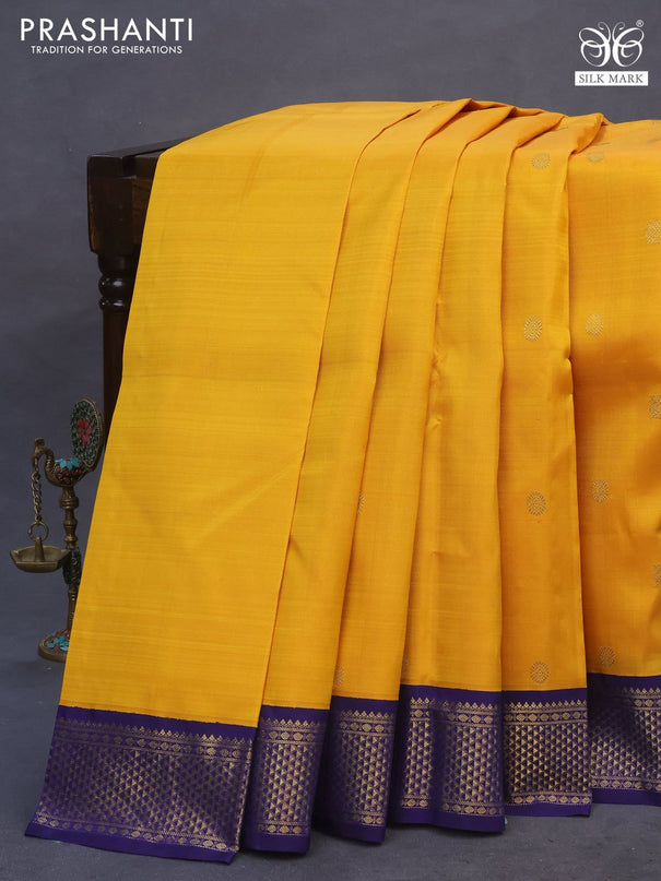 Pure kanchipuram silk saree mustard yellow and blue with annam & rudhraksha zari woven buttas and zari woven border