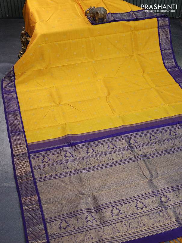 Pure kanchipuram silk saree mustard yellow and blue with annam & rudhraksha zari woven buttas and zari woven border