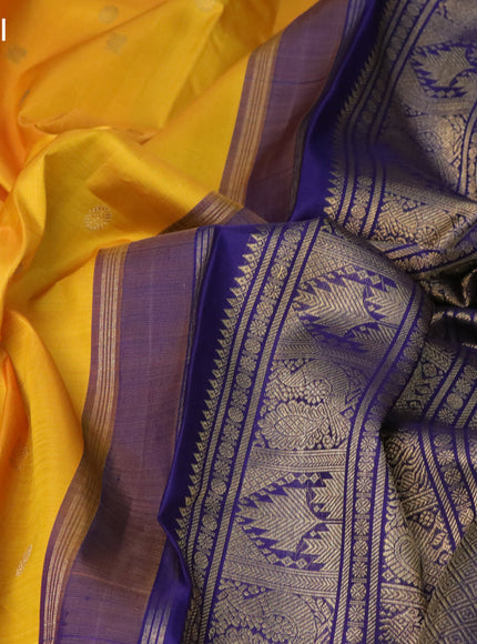 Pure kanchipuram silk saree mustard yellow and blue with annam & rudhraksha zari woven buttas and zari woven border