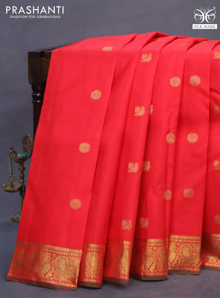 Pure kanchipuram silk saree red and green with annam & rudhraksha zari woven buttas and annam zari woven border