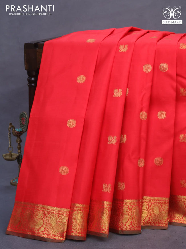 Pure kanchipuram silk saree red and green with annam & rudhraksha zari woven buttas and annam zari woven border