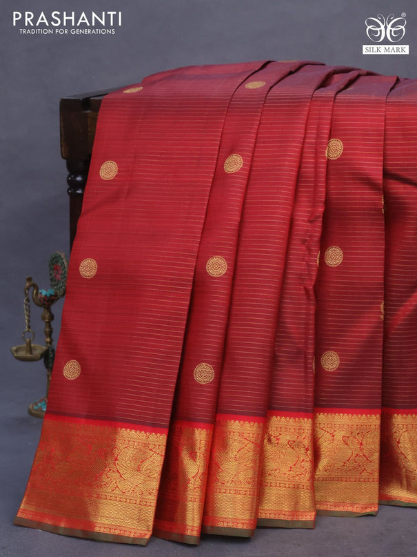 Pure kanchipuram silk saree maroon and red with allover zari weaves & annam buttas and annam zari woven border