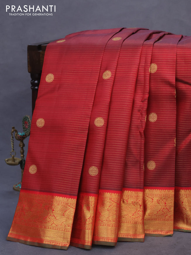 Pure kanchipuram silk saree maroon and red with allover zari weaves & annam buttas and annam zari woven border